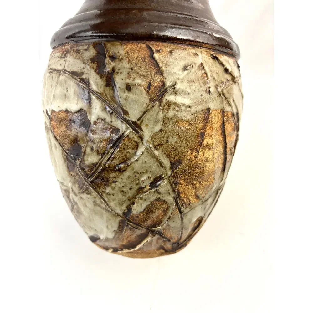 Vintage Studio Art Pottery Vase‎ Impressed Leaf Design Rustic Stoneware Glaze - Picture 9 of 10